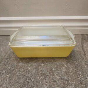 Pyrex Primary Yellow 503-B Refrigerator Dish 503-C Clear Ribbed Lid Handles